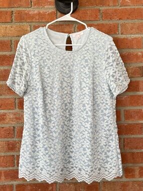 Teddi Rose Women’s Floral Lace Top - S/S Scalloped Hem Lined Light Blue Size L